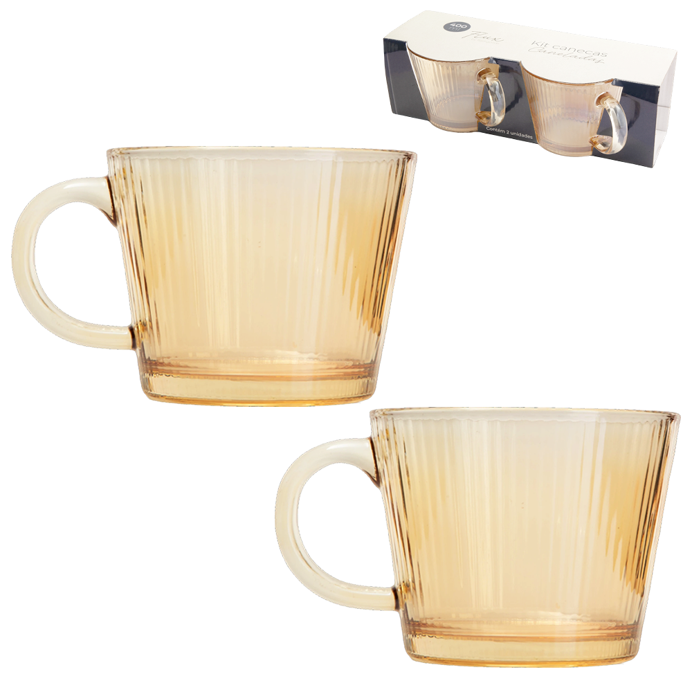JOGO DE CANECA XICARA DE VIDRO CANELADAS AMBAR FLUX COM 2 PECAS 400ML