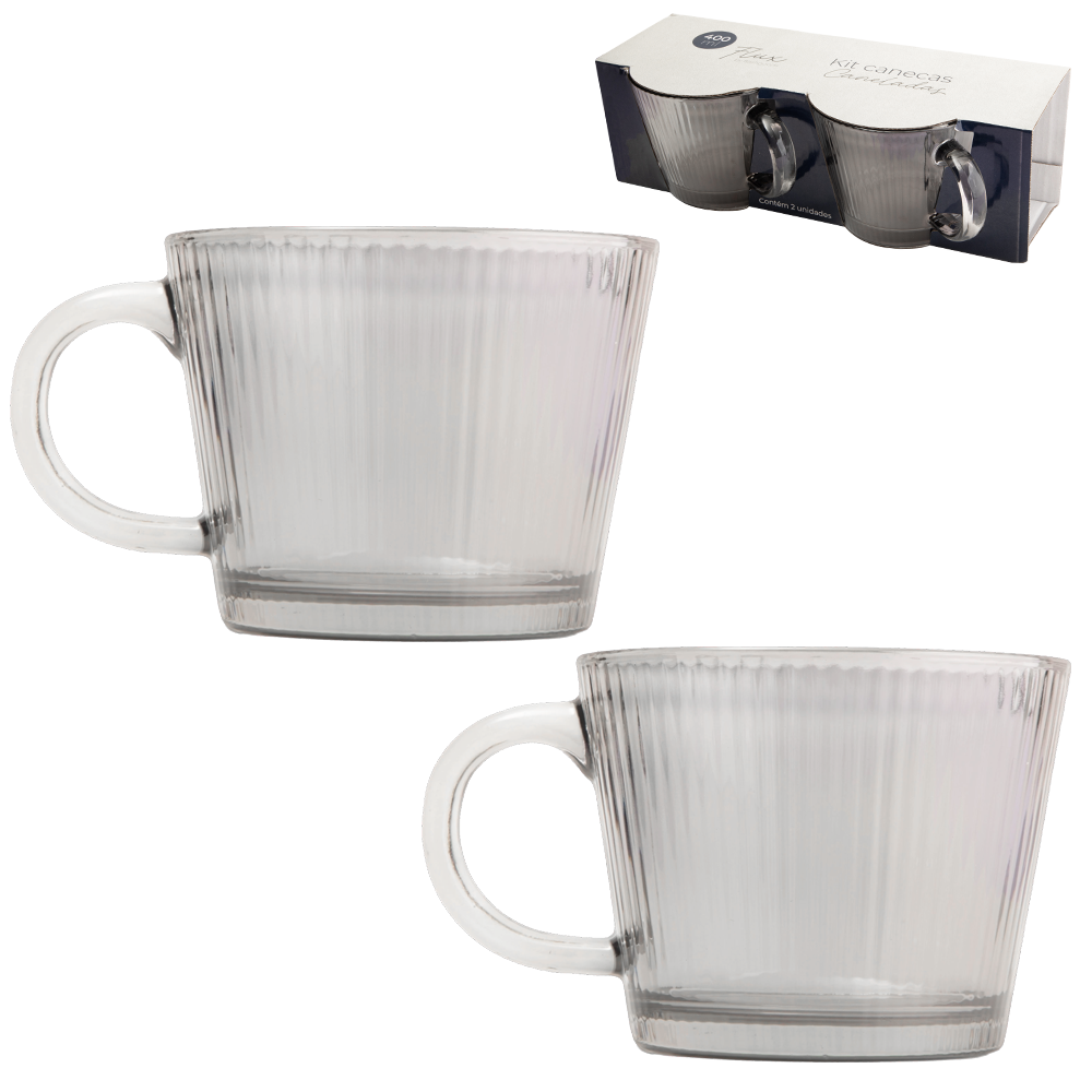 JOGO DE CANECA XICARA DE VIDRO CANELADAS FUME FLUX COM 2 PECAS 400ML