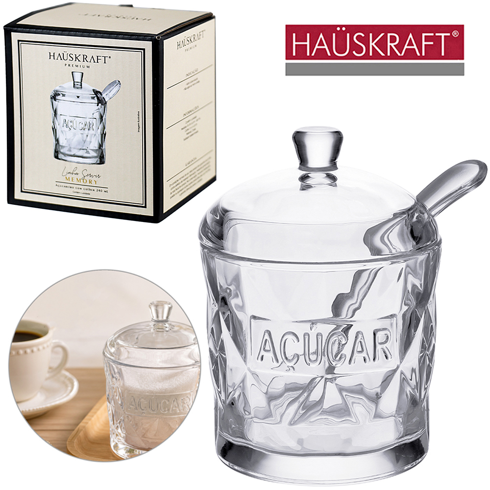 ACUCAREIRO DE VIDRO COM TAMPA + COLHER DE ACRILICO LINHA SERVIR MEMORY HAUSKRAFT PREMIUM 240ML