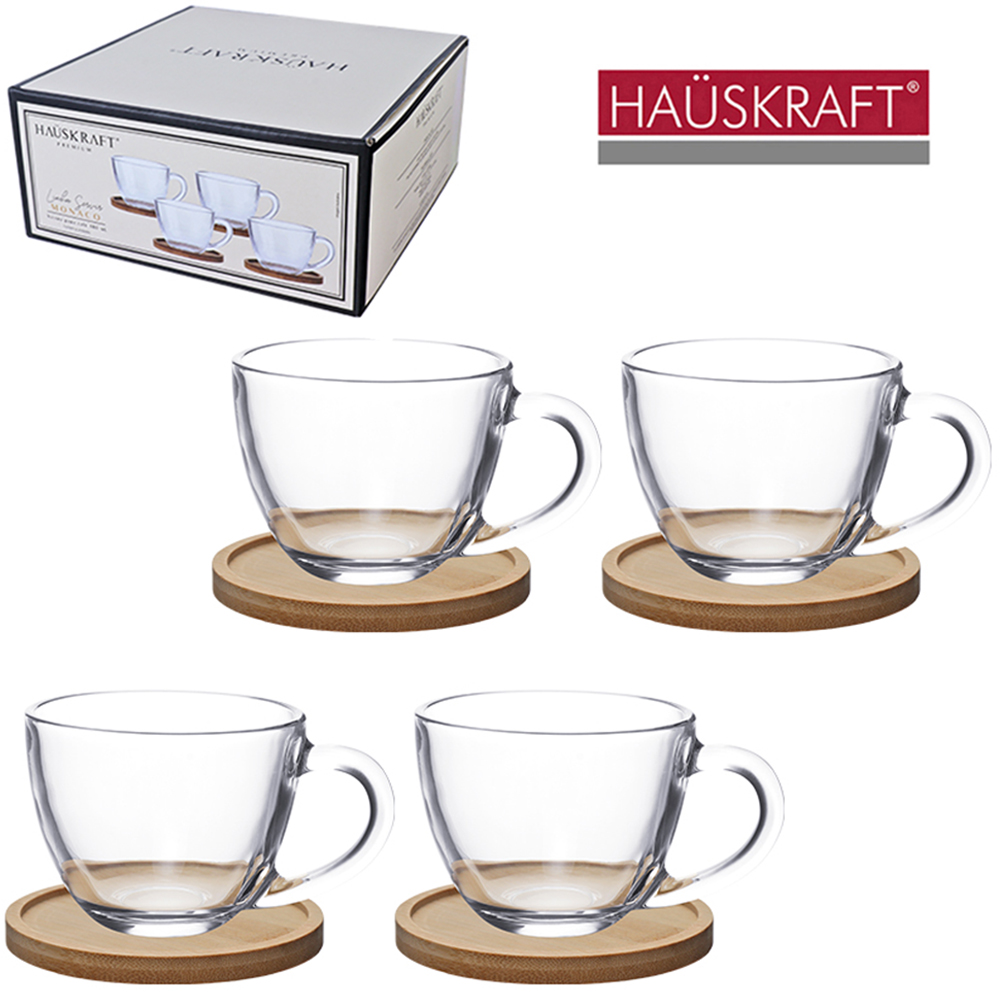 JOGO XICARA VIDRO CRISTAL + (PORTA COPO) SUPORTE BAMBU CAFE LINHA SERVIR MONACO HAUSKRAFT PREMIUM 8 PECAS
