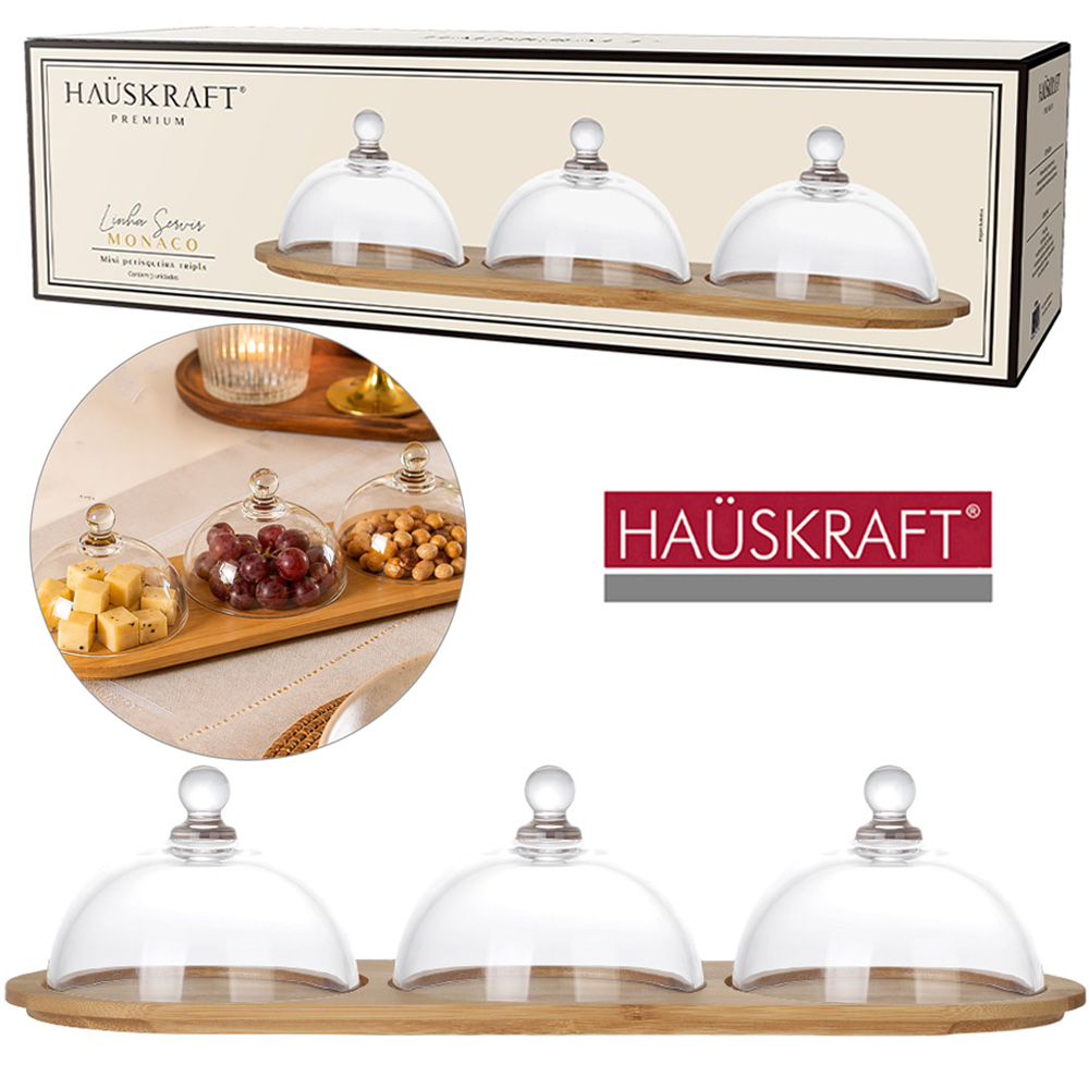 BANDEJA MINI PETISQUEIRA DE BAMBU OVAL TRIPLA + TAMPA DE VIDRO CRISTAL LINHA SERVIR MONACO HAUSKRAFT PREMIUM