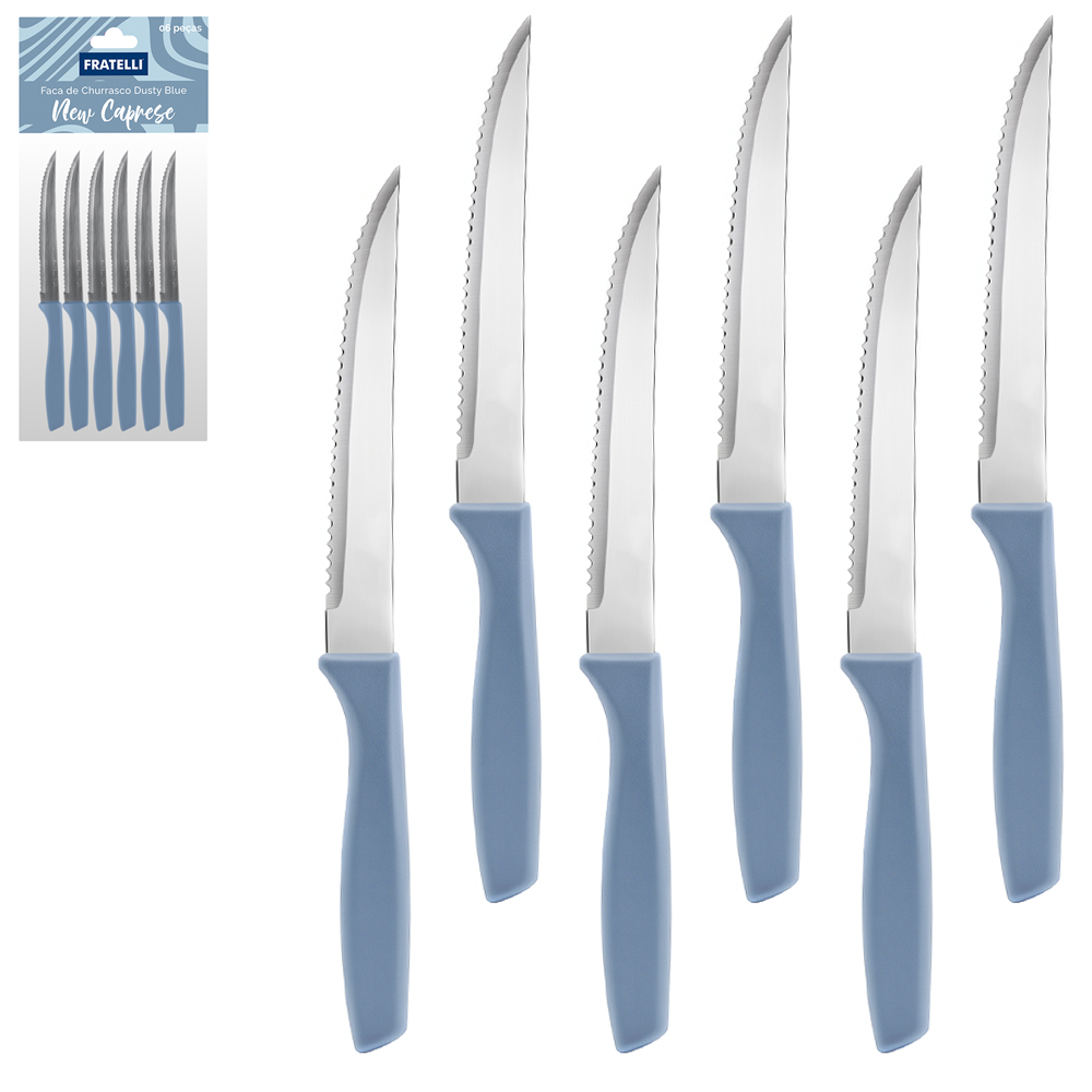 FACA DE CHURRASCO DE INOX 4,5'' CABO PLASTICO DUSTY BLUE NEW CAPRESE 6 PECAS 