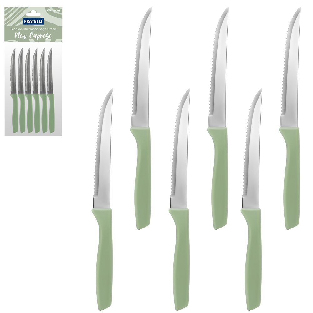 FACA DE CHURRASCO DE INOX 4,5'' CABO PLASTICO SAGE GREEN NEW CAPRESE 6 PECAS 