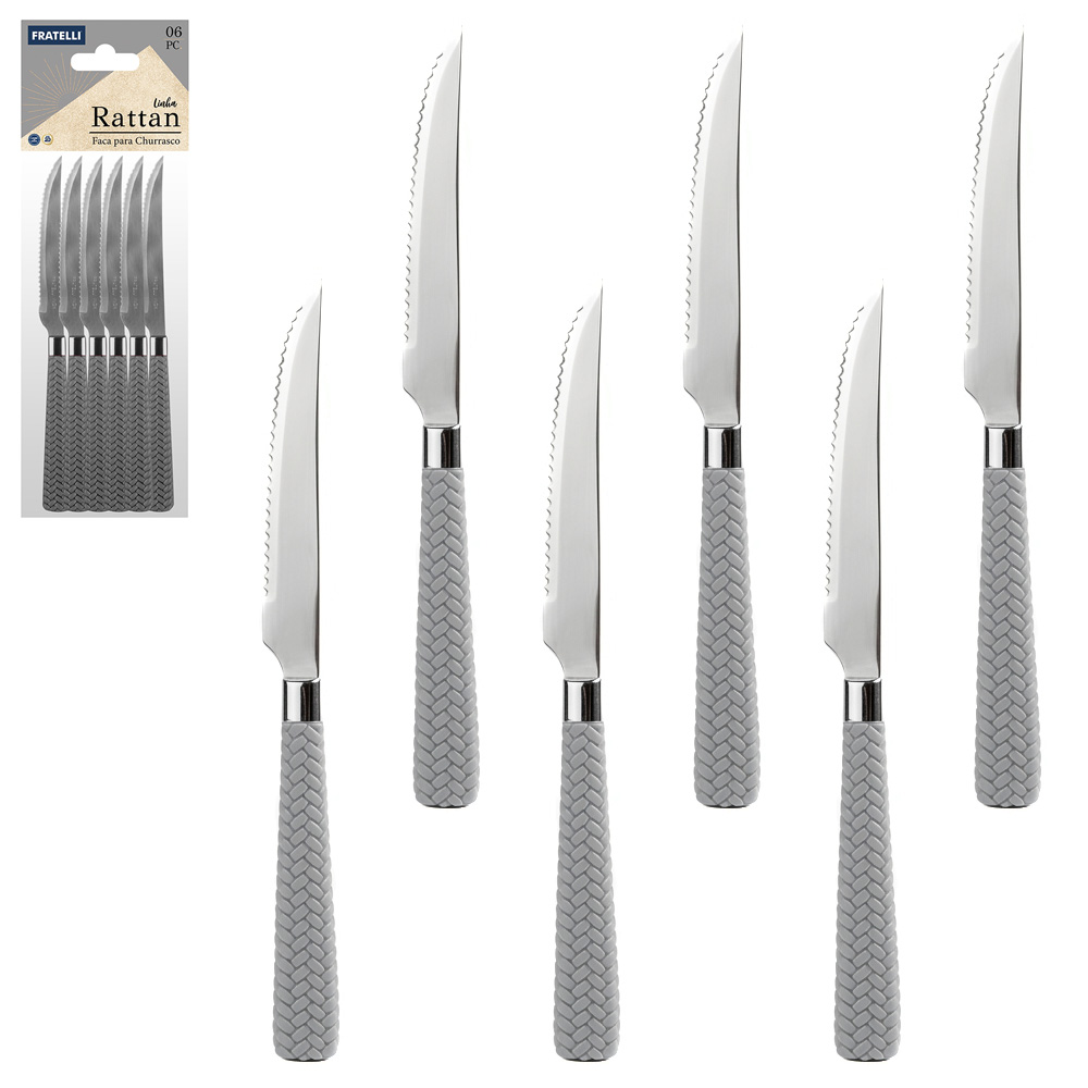 FACA DE CHURRASCO DE INOX 4,5'' CABO PLASTICO RATTAN CINZA 6 PECAS 