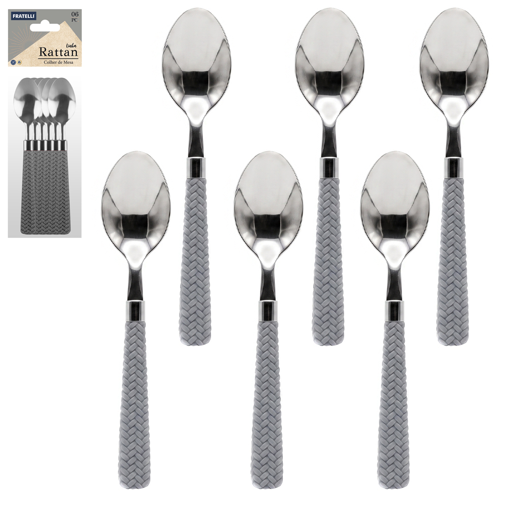COLHER DE MESA DE INOX CABO PLASTICO RATTAN CINZA 6 PECAS 18,5X3,8CM 