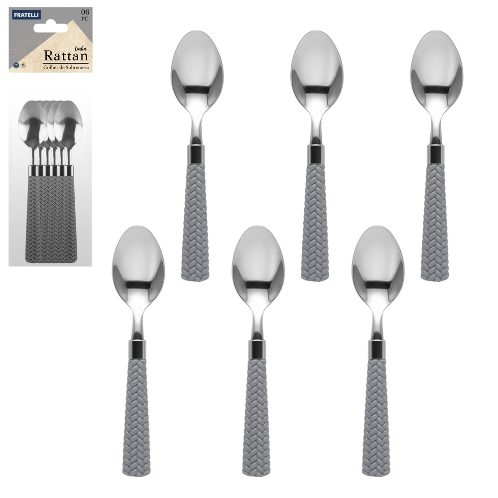 COLHER DE SOBREMESA DE INOX CABO PLASTICO RATTAN CINZA 6 PECAS 15CM  