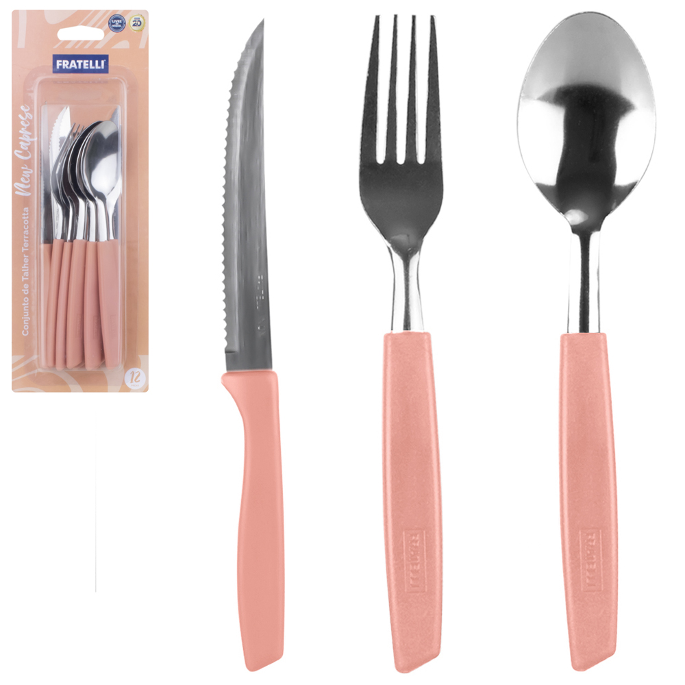 CONJUNTO DE TALHERES / FAQUEIRO DE INOX COM 12 PECAS CABO PLASTICO TERRACOTTA NEW CAPRESE 