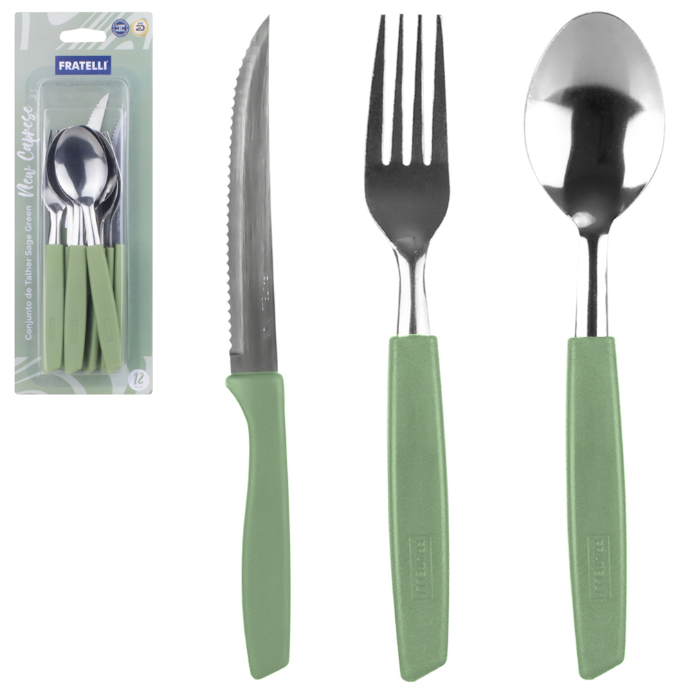 CONJUNTO DE TALHERES / FAQUEIRO DE INOX COM 12 PECAS CABO PLASTICO SAGE GREEN NEW CAPRESE 