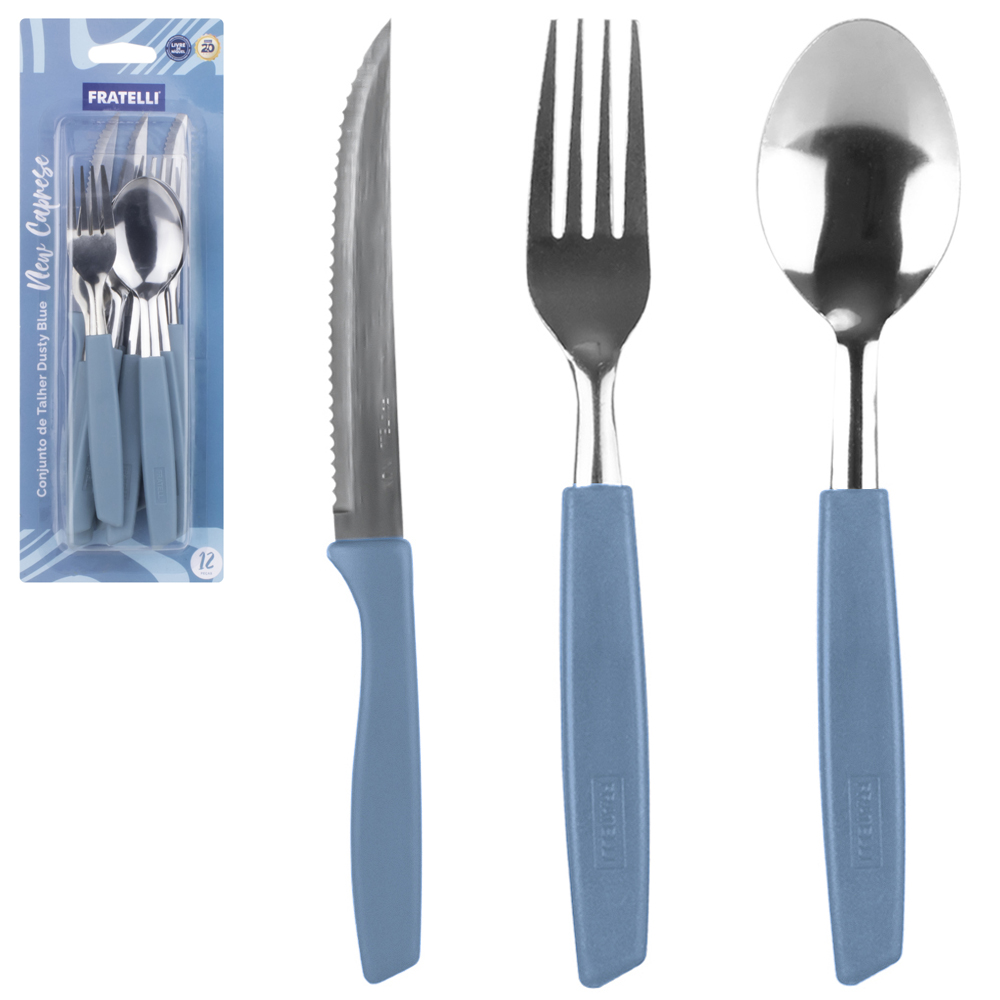 CONJUNTO DE TALHERES / FAQUEIRO DE INOX COM 12 PECAS CABO PLASTICO DUSTY BLUE NEW CAPRESE 