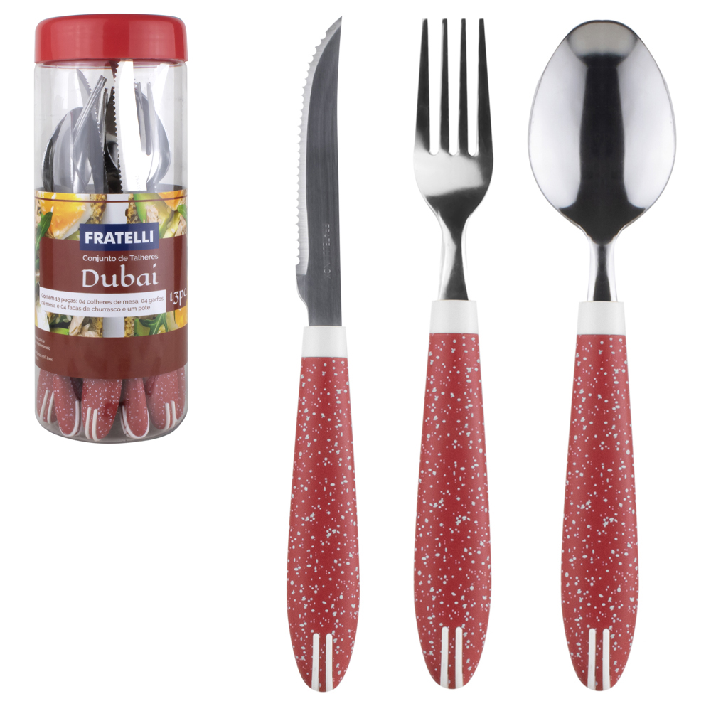 CONJUNTO DE TALHERES / FAQUEIRO DE INOX COM 12 PECAS CABO PLASTICO DUBAI VERMELHO GRANITE NO POTE 