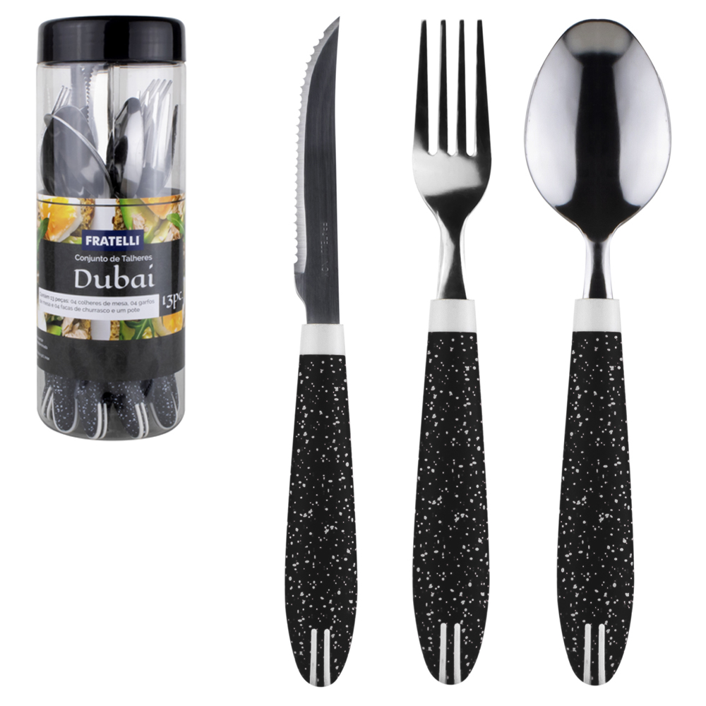 CONJUNTO DE TALHERES / FAQUEIRO DE INOX COM 12 PECAS CABO PLASTICO DUBAI PRETO GRANITE NO POTE 