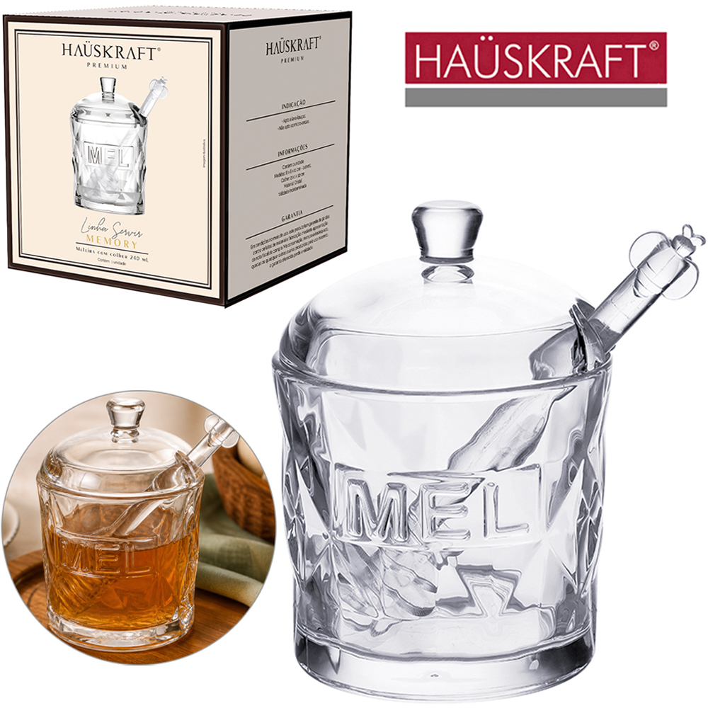 PORTA MEL/MELEIRA DE VIDRO COM TAMPA + PEGADOR DE ACRILICO LINHA SERVIR MEMORY HAUSKRAFT PREMIUM 240ML