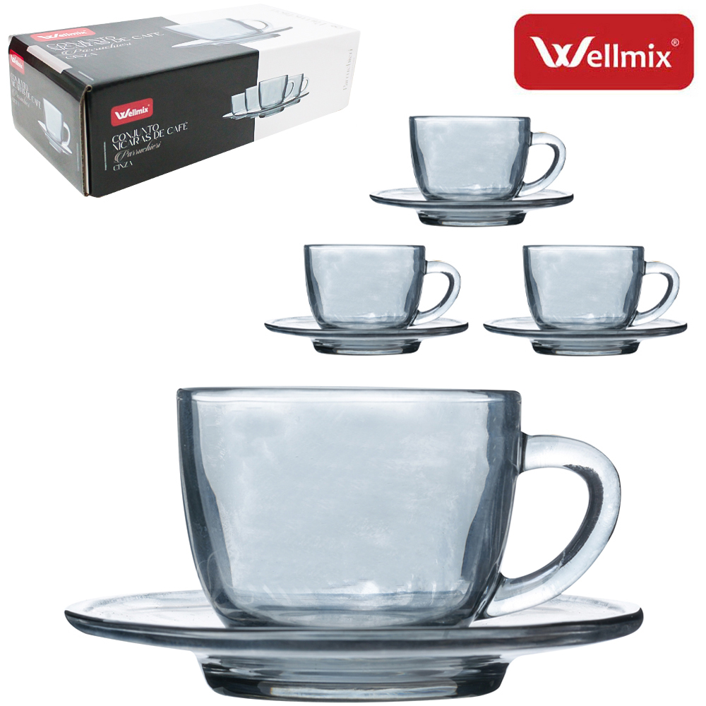JOGO DE XICARA DE VIDRO COM PIRES PARA CAFE PARRUCHIERI COLLECTION CINZA FUME 8 PECAS 90ML