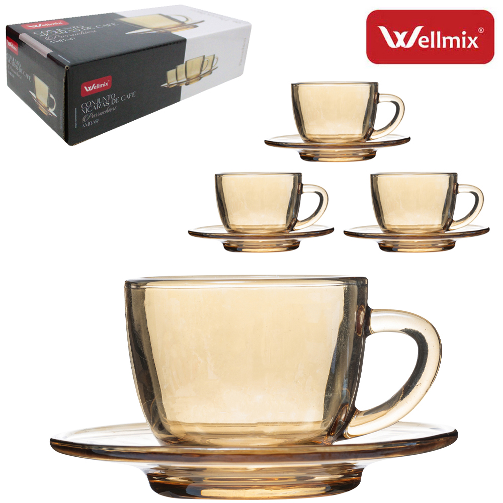 JOGO DE XICARA DE VIDRO COM PIRES PARA CAFE PARRUCHIERI COLLECTION AMBAR 8 PECAS 90ML