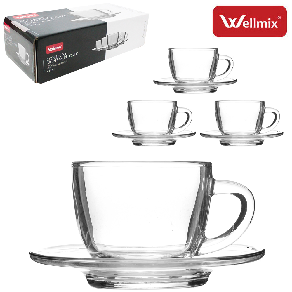 JOGO DE XICARA DE VIDRO COM PIRES PARA CAFE PARRUCHIERI COLLECTION TRANSPARENTE 8 PECAS 90ML
