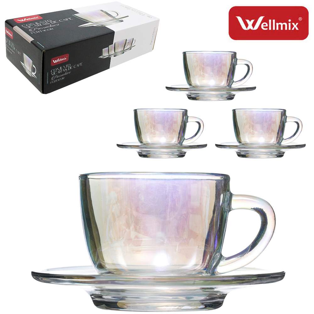 JOGO DE XICARA DE VIDRO COM PIRES PARA CAFE PARRUCHIERI COLLECTION FURTACOR CINTILANTE 8 PECAS 90ML
