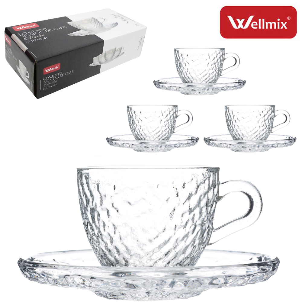 JOGO DE XICARA DE VIDRO CRAQUELADO COM PIRES PARA CAFE MARTIRI COLLECTION TRANSPARENTE 8 PECAS 90ML