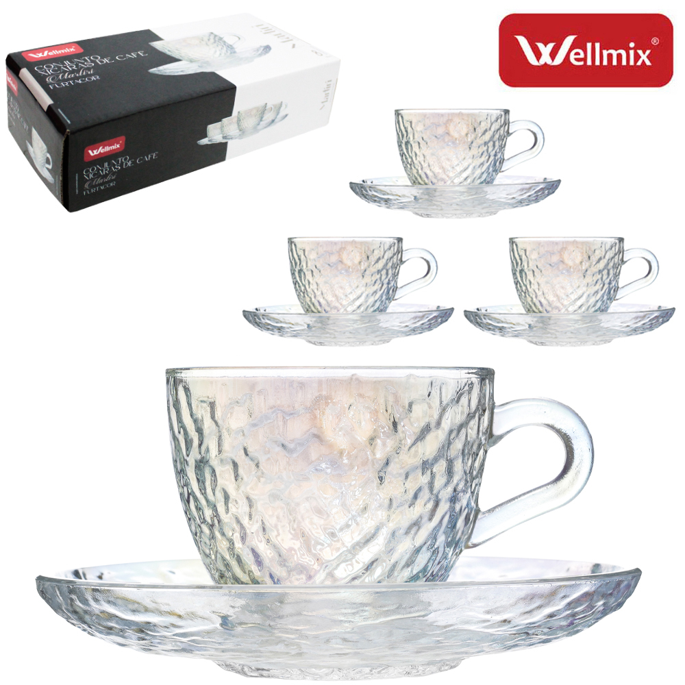 JOGO DE XICARA DE VIDRO CRAQUELADO COM PIRES PARA CAFE MARTIRI COLLECTION FURTACOR CINTILANTE 8 PECAS 90ML