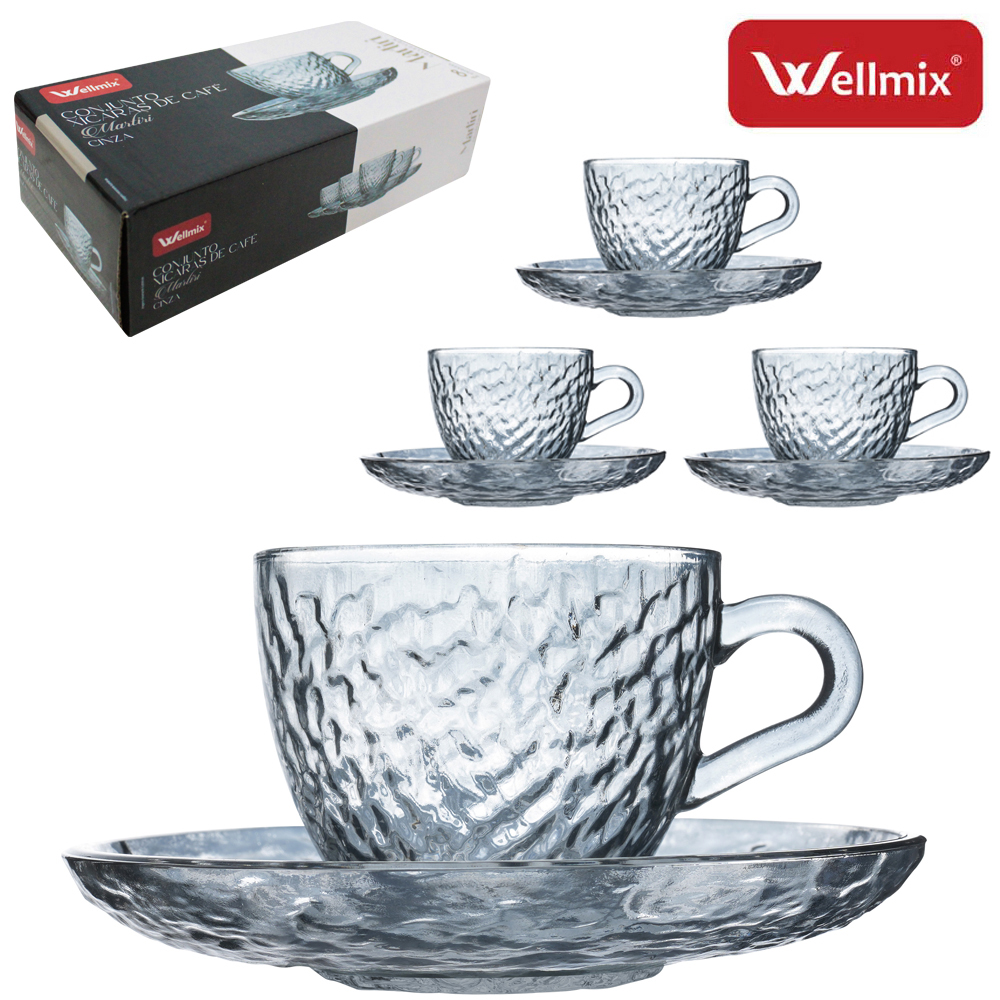 JOGO DE XICARA DE VIDRO CRAQUELADO C/PIRES PARA CAFE MARTIRI COLLECTION CINZA FUME 8 PECAS 90ML