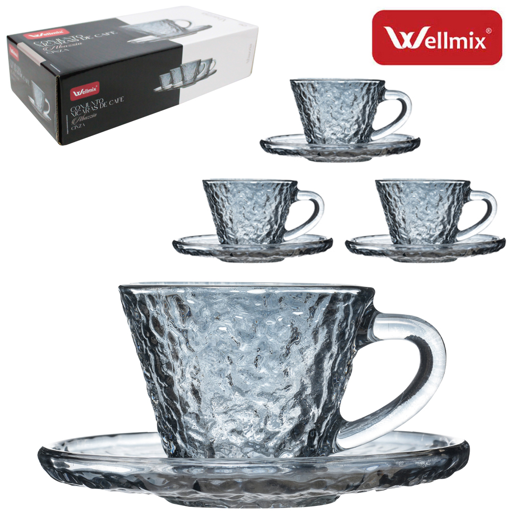 JOGO DE XICARA DE VIDRO CRAQUELADO COM PIRES PARA CAFE ABAZZIA COLLECTION CINZA FUME 8 PECAS 90ML