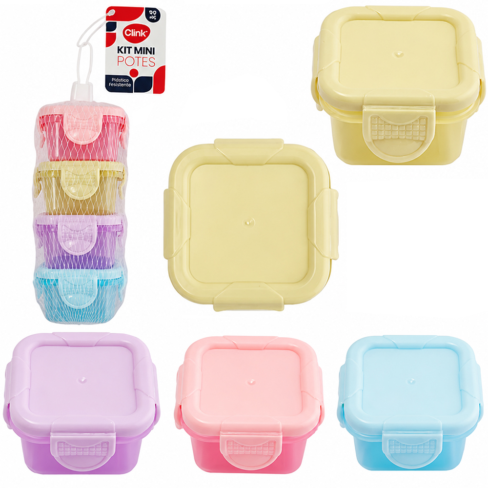 CONJUNTO DE MINI POTE DE PLASTICO QUADRADO COM TAMPA 4 PECAS 90ML NA REDE 