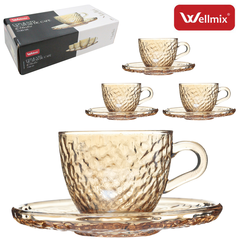 JOGO DE XICARA DE VIDRO CRAQUELADO COM PIRES PARA CAFE MARTIRI COLLECTION AMBAR 8 PECAS 90ML