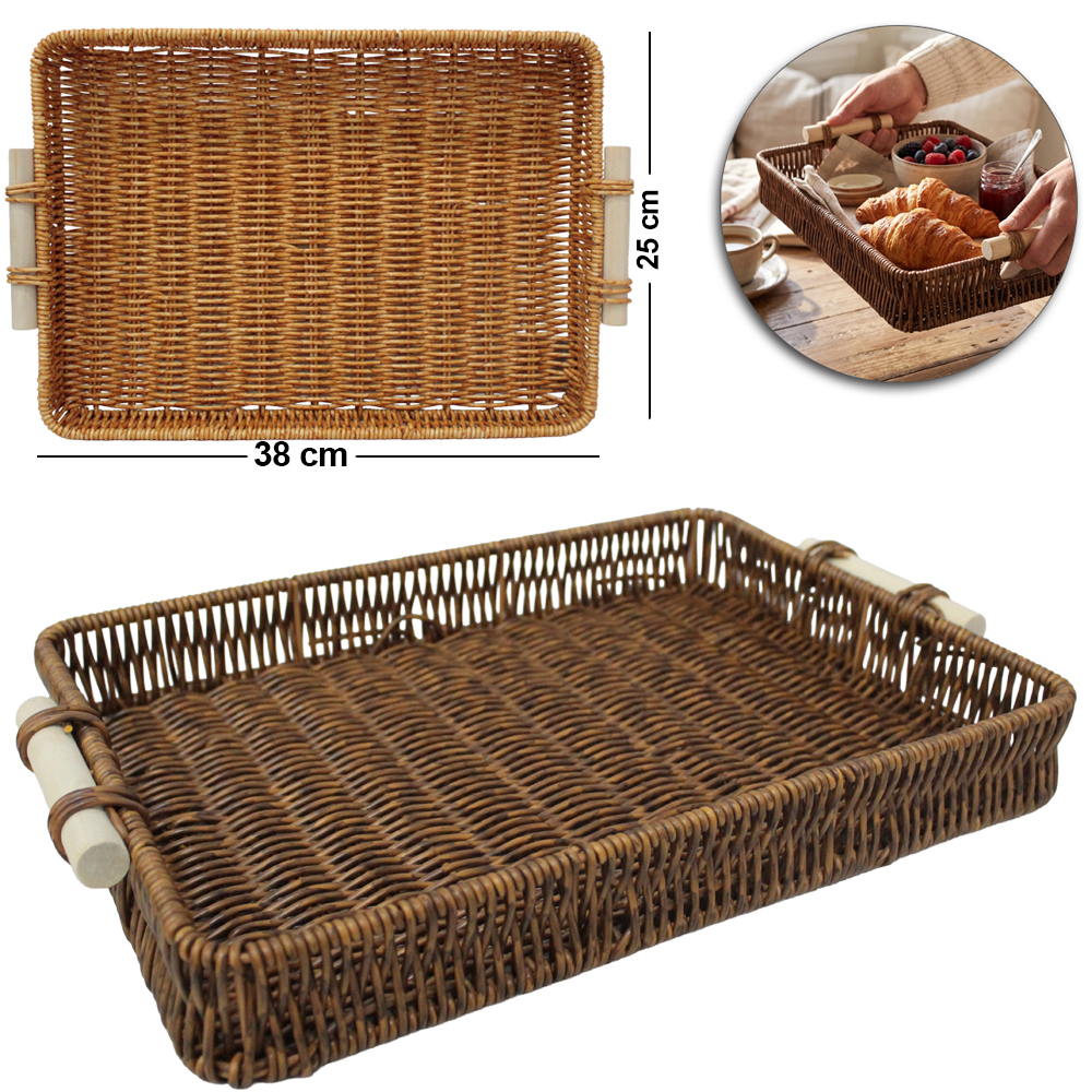 BANDEJA DE PLASTICO TIPO VIME RETANGULAR COM ALCA DE MADEIRA 38X25X5CM