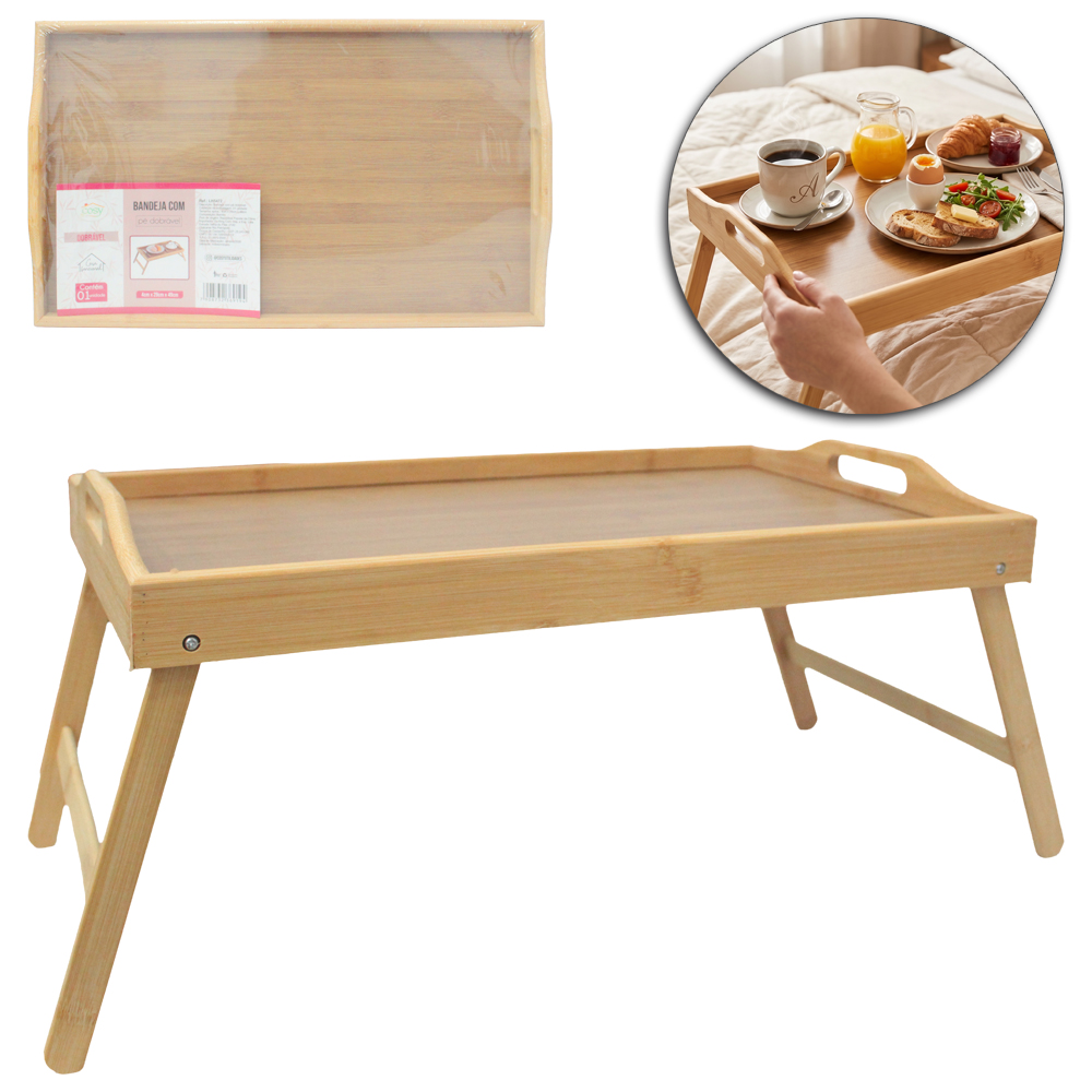 MESA BANDEJA DE MADEIRA / BAMBU RETANGULAR COM PES RETRATEIS 49X29X4CM