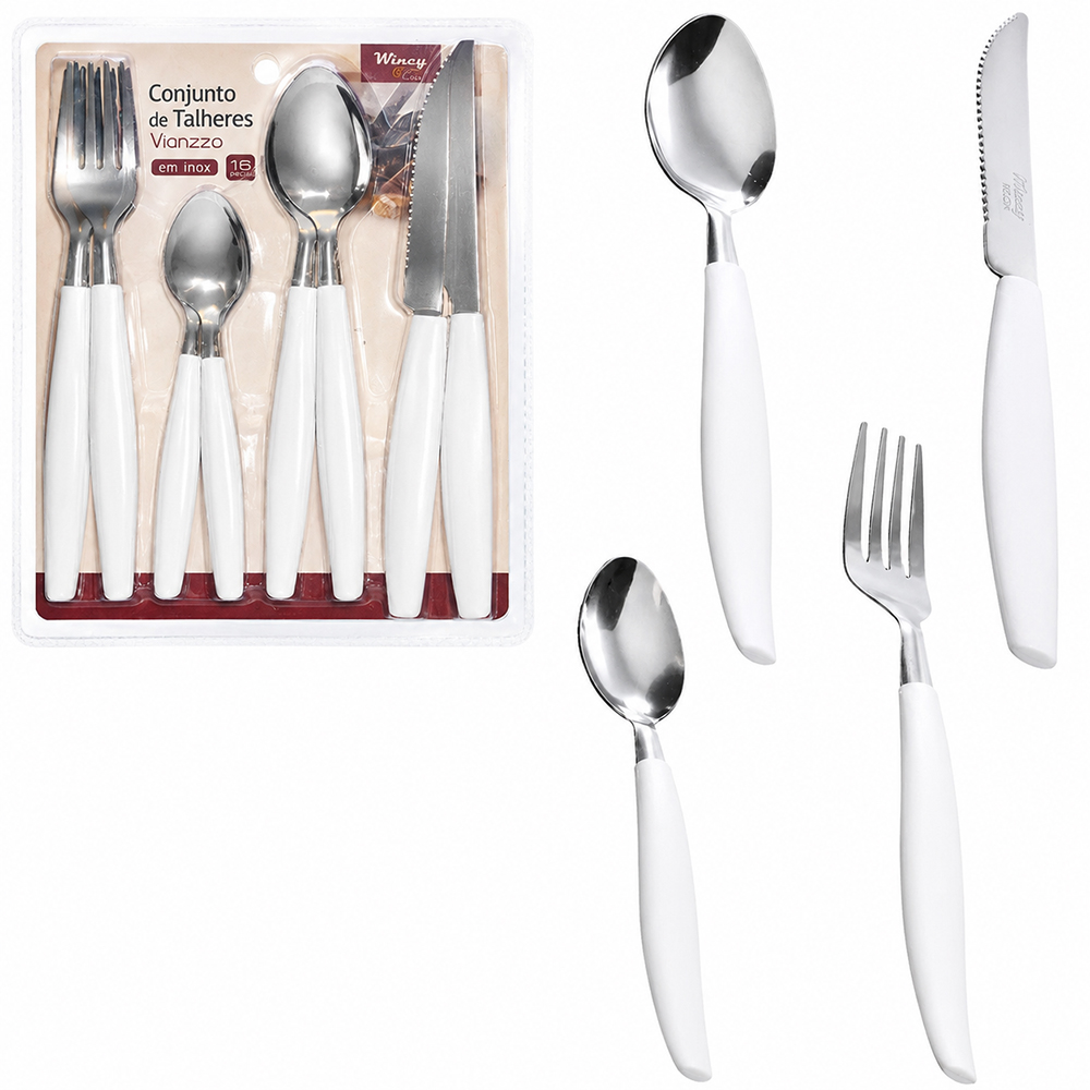 CONJUNTO DE TALHERES / FAQUEIRO DE INOX COM 16 PECAS CABO PLASTICO BRANCO VIANZZO