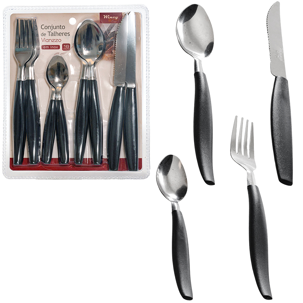 CONJUNTO DE TALHERES / FAQUEIRO DE INOX COM 16 PECAS CABO PLASTICO PRETO VIANZZO