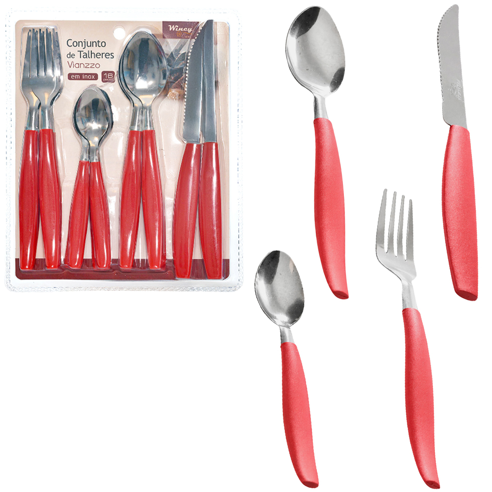 CONJUNTO DE TALHERES / FAQUEIRO DE INOX COM 16 PECAS CABO PLASTICO VERMELHO VIANZZO