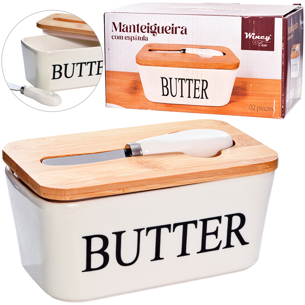 MANTEIGUEIRA DE PORCELANA COM ESPATULA + TAMPA DE BAMBU BUTTER 16,2X10X7,7CM