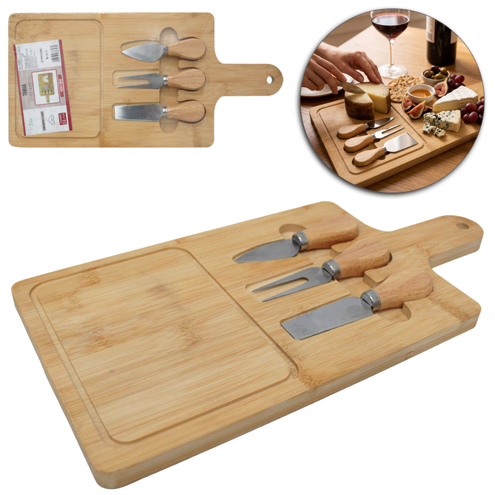 CONJUNTO PARA QUEIJO E FRIOS COM FACA + GARFO DE INOX E TABUA RETANGULAR DE BAMBU