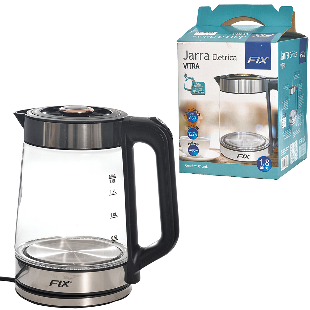 CHALEIRA JARRA ELETRICA DE VIDRO VITRA COM BASE REMOVIVEL + ALCA E LED INDICATIVO 1,8L 127V