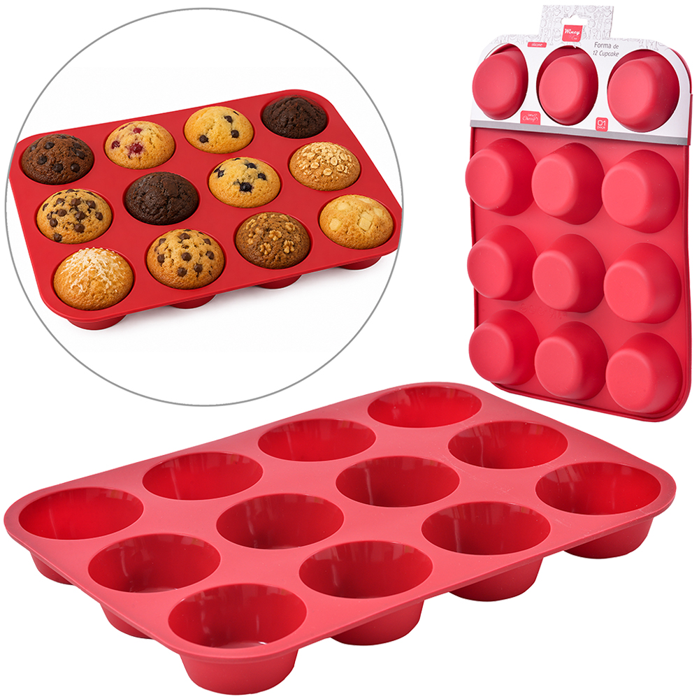FORMA DE SILICONE RETANGULAR PARA CUPCAKE COM 12 CAVIDADES CHERRY VERMELHO 35X25X2,8CM