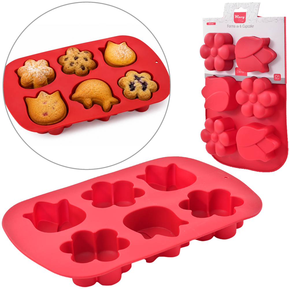 FORMA DE SILICONE RETANGULAR PARA CUPCAKE COM 6 CAVIDADES CHERRY VERMELHO 25,5X17X3CM
