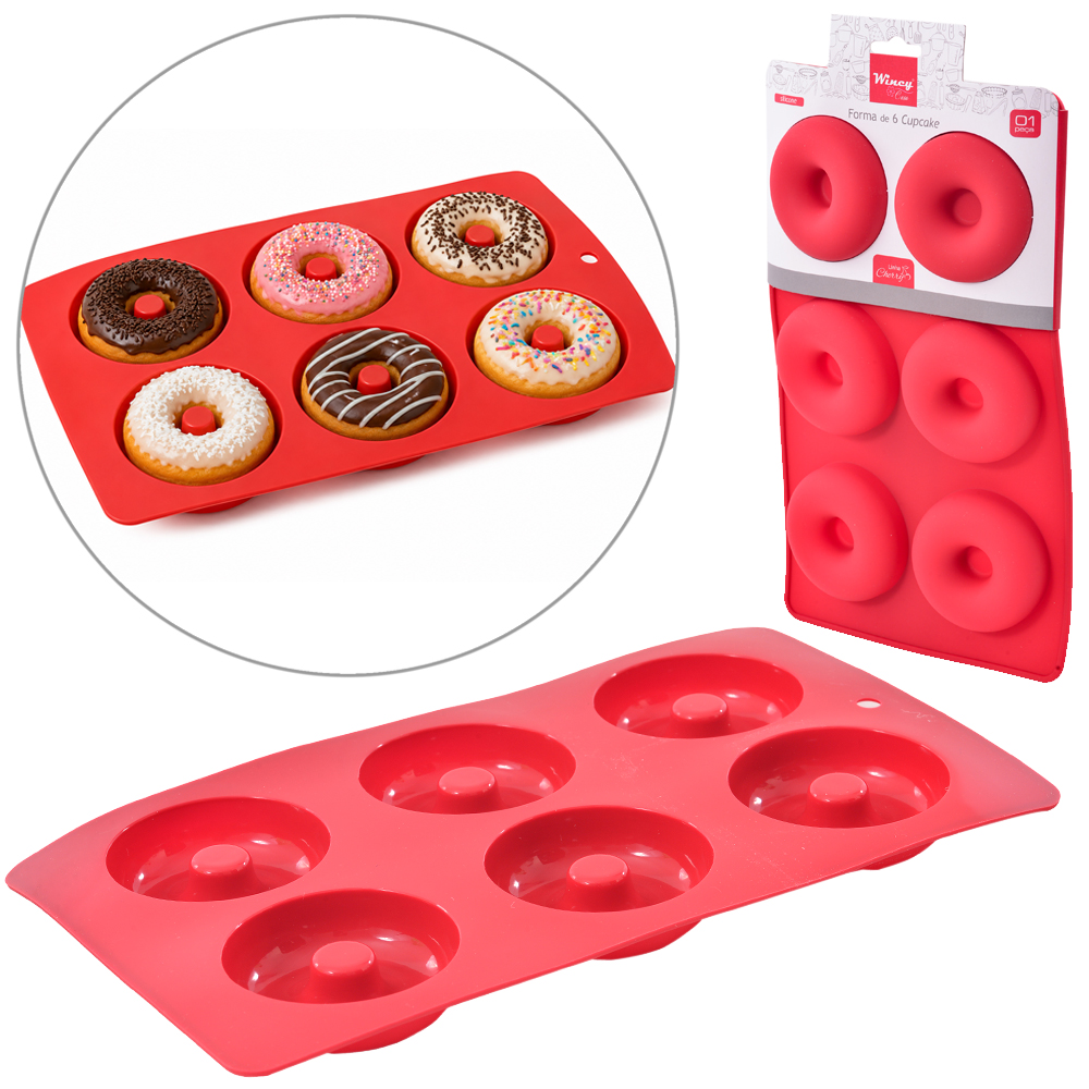FORMA DE SILICONE RETANGULAR PARA CUPCAKE COM 6 CAVIDADES CHERRY VERMELHO 28X17X2,2CM