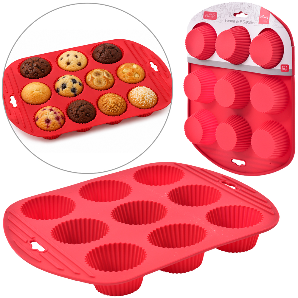 FORMA DE SILICONE RETANGULAR PARA CUPCAKE COM 9 CAVIDADES CHERRY VERMELHO 27X22X2,8CM