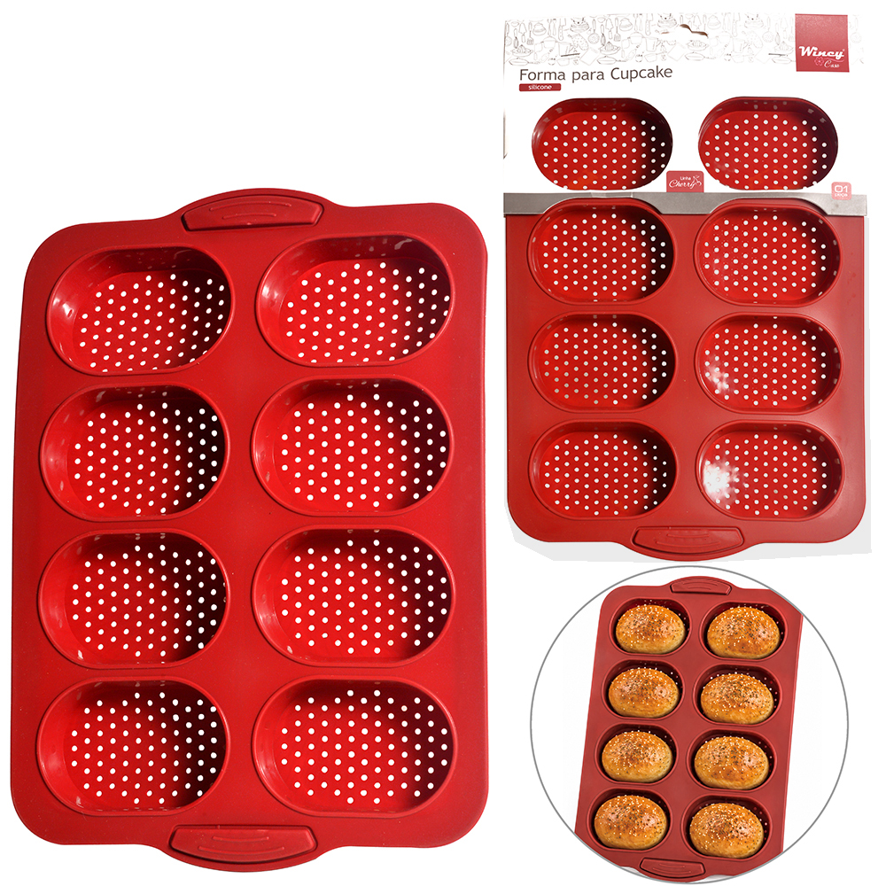 FORMA DE SILICONE RETANGULAR PARA CUPCAKE COM 8 CAVIDADES CHERRY VERMELHO 33X23,8X2,5CM