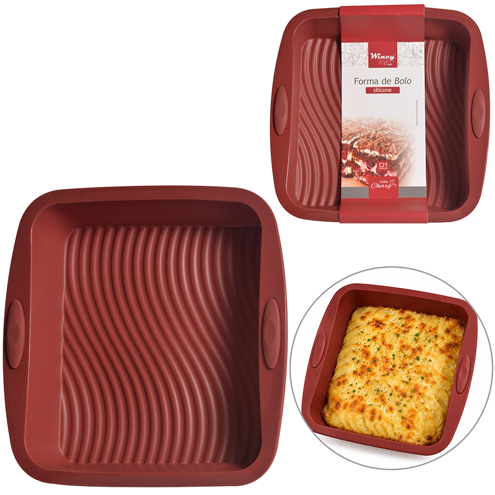FORMA DE SILICONE QUADRADA PARA BOLO / TORTA CHERRY VERMELHO BORDO 27X24X5CM