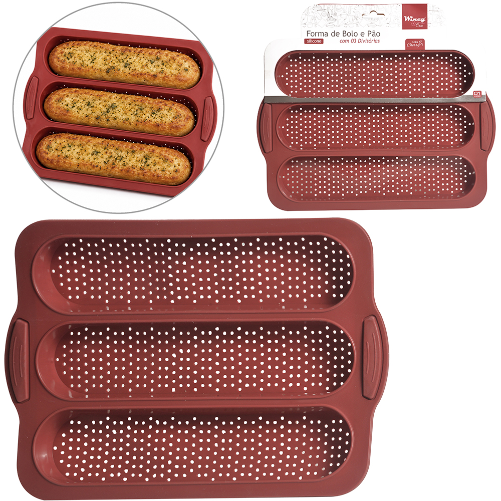 FORMA DE SILICONE RETANGULAR PARA BOLO / PAO COM 3 CAVIDADES CHERRY VERMELHO BORDO 33X23,3X2,8CM