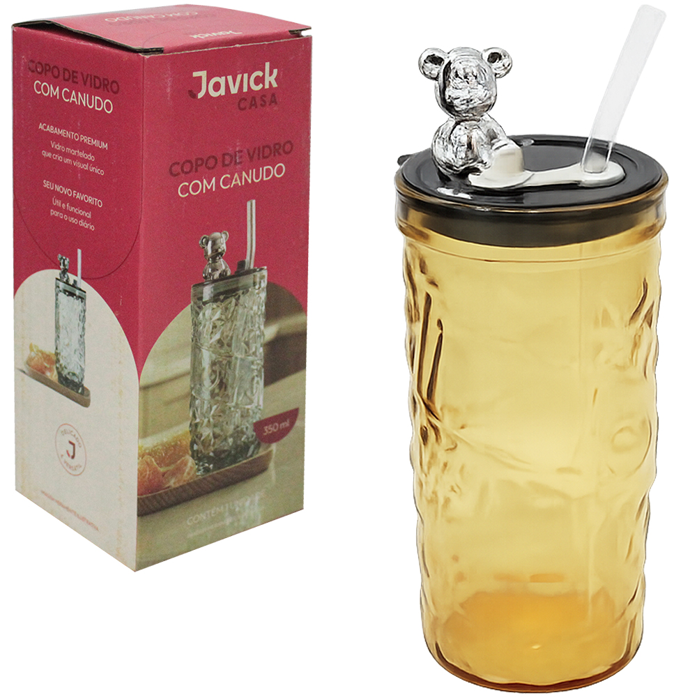 COPO DE VIDRO AMBAR COM CANUDO + TAMPA DE PLASTICO URSO