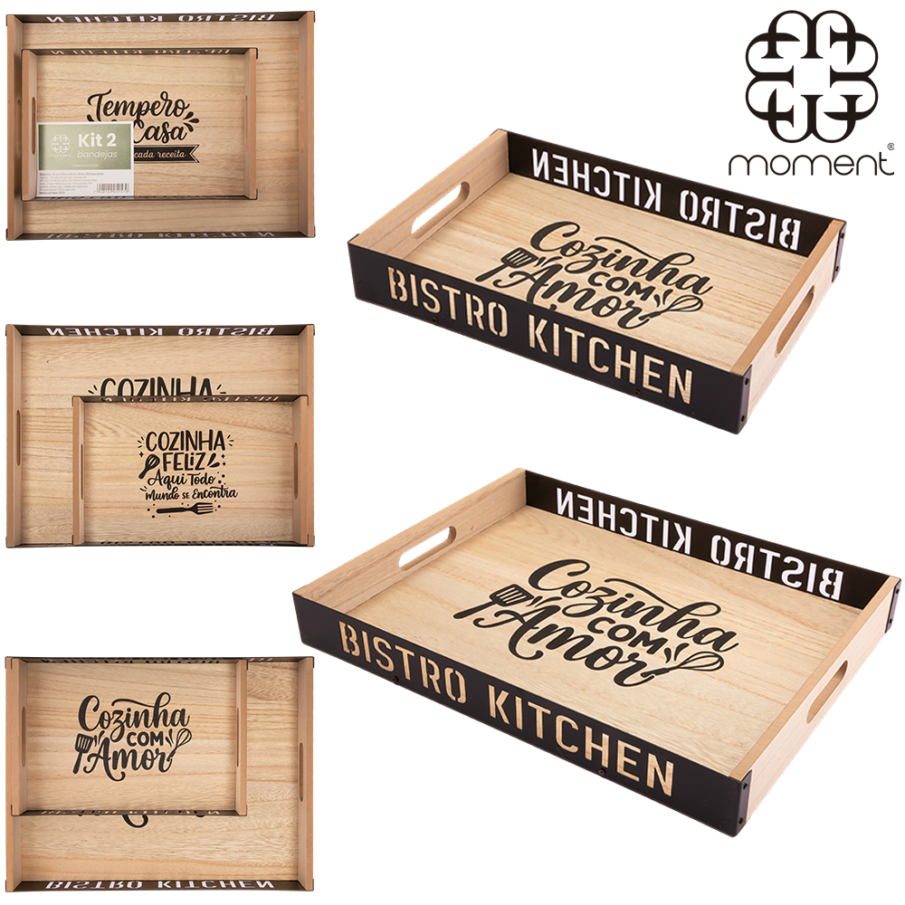 BANDEJA DE MDF / METAL RETANGULAR BISTRO KITCHEN MOMENT COM ALCA 2 PECAS 40X29,5X4,8 / 30X20X4,8CM