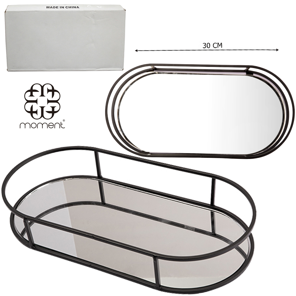BANDEJA ARAMADO COM ESPELHO OVAL DECORATIVA BLACK 30X15X4CM