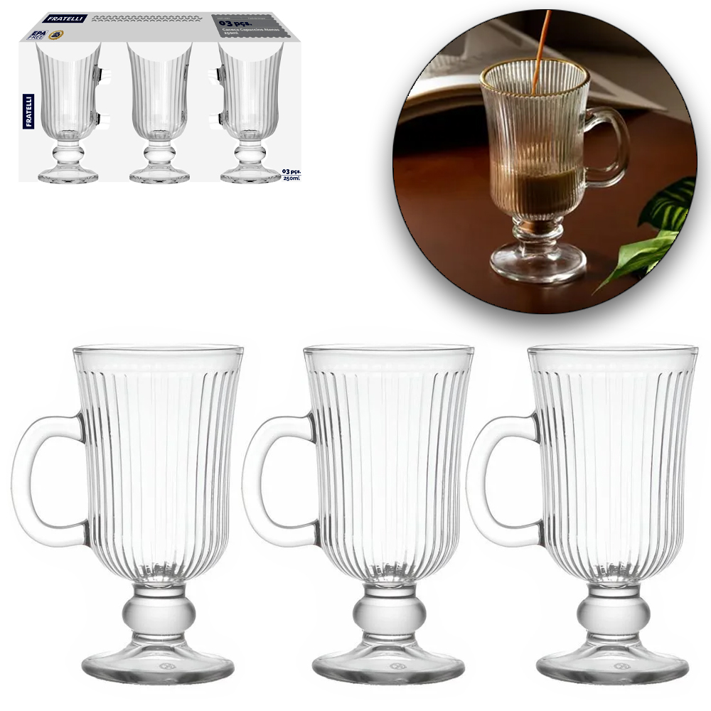 JOGO DE CANECA XICARA DE VIDRO PARA CAFE / CAPPUCCINO ATENAS COM 3 PEÇAS 250ML 