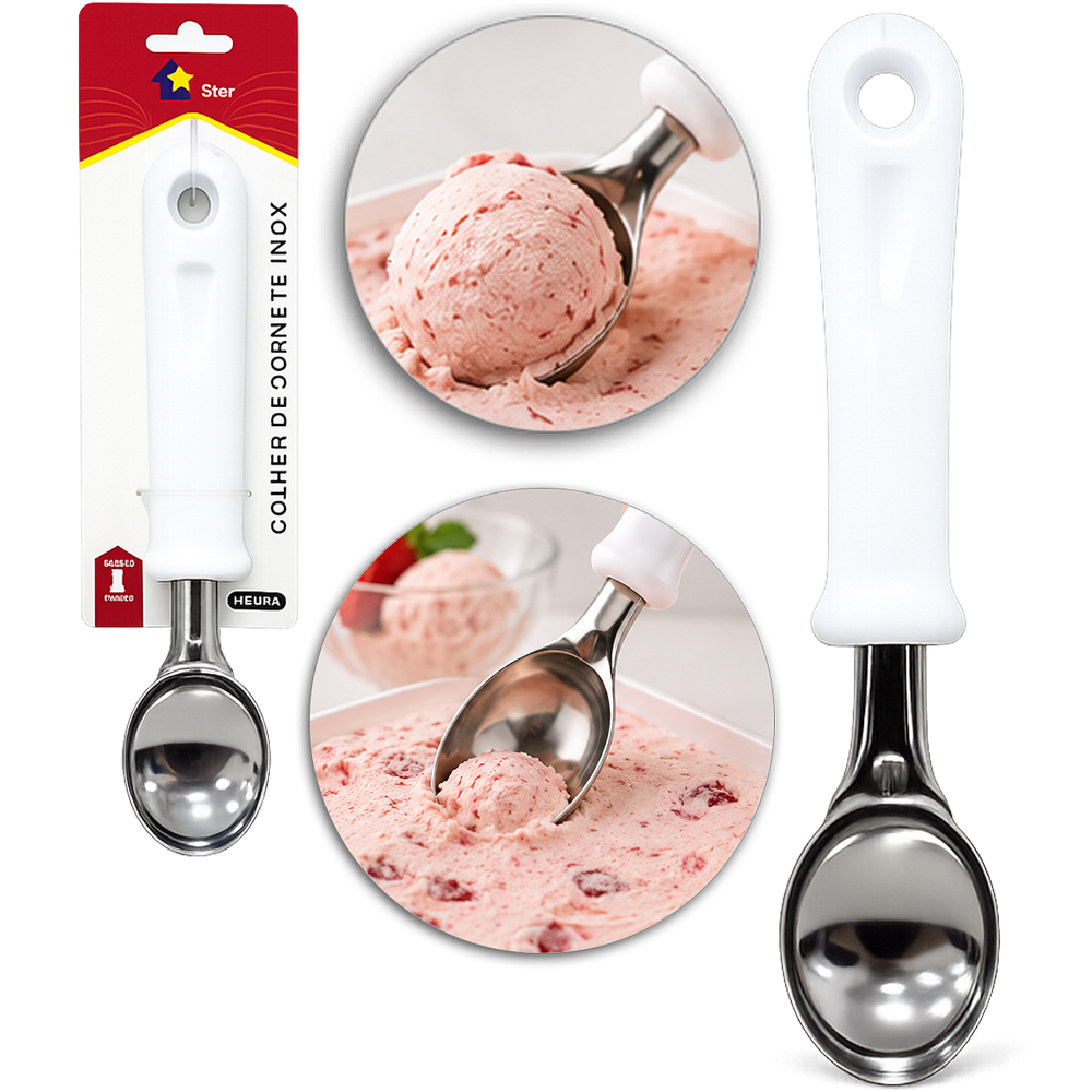 COLHER / CONCHA DE SORVETE DE INOX CABO PLASTICO BRANCO HOME STAR 19,5X4CM 