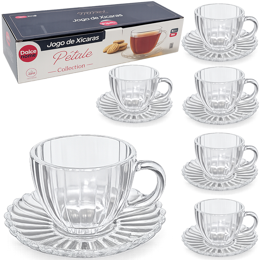 JOGO DE XICARA DE VIDRO COM PIRES PARA CAFE PETALE COLLECTION TRANSPARENTE 12 PECAS 100ML 