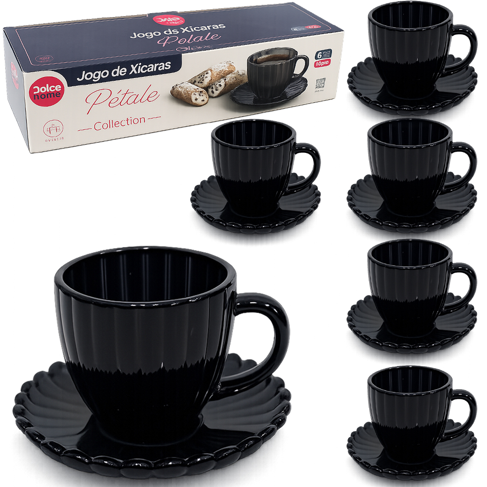 JOGO DE XICARA DE VIDRO COM PIRES PARA CAFE PETALE COLLECTION PRETA 12 PECAS 100ML 