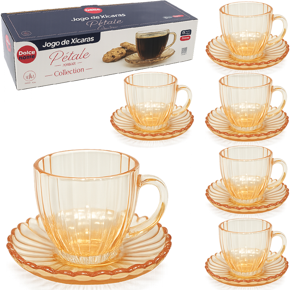 JOGO DE XICARA DE VIDRO COM PIRES PARA CAFE PETALE COLLECTION AMBAR 12 PECAS 100ML 