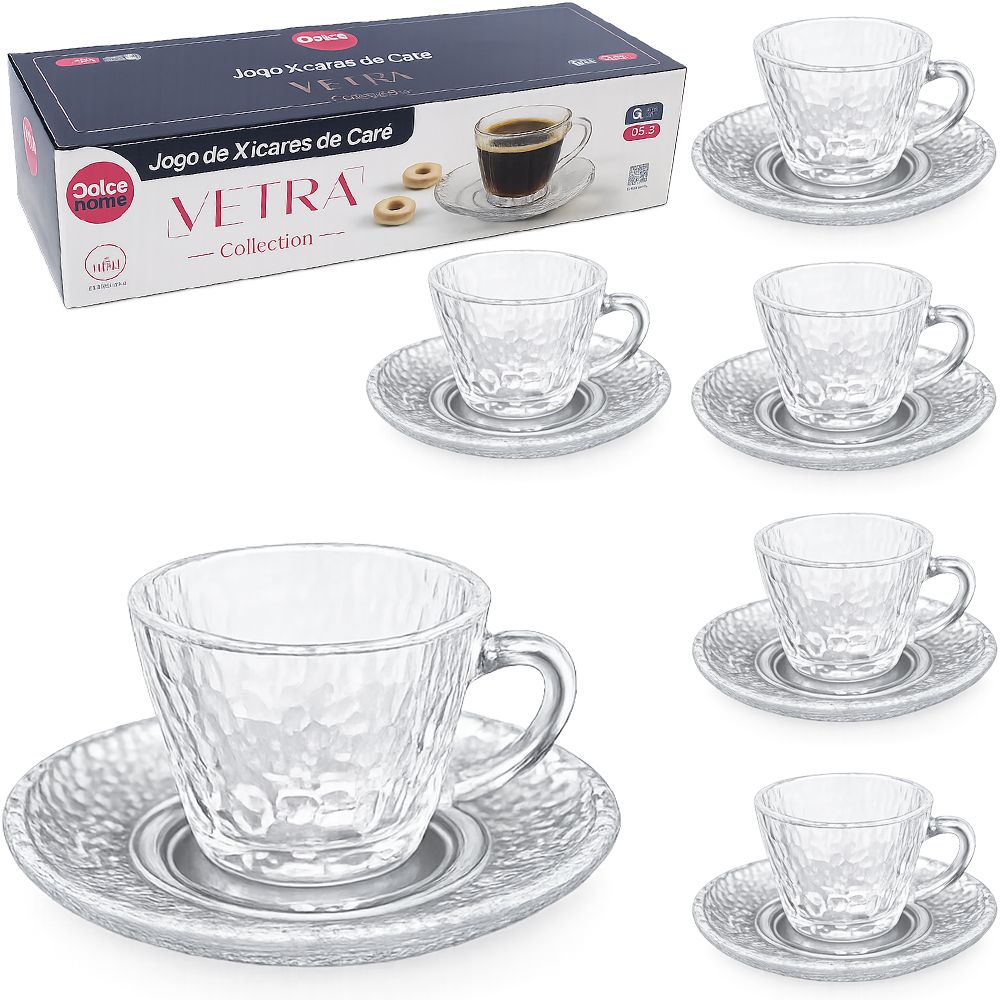 JOGO DE XICARA DE VIDRO CRAQUELADO COM PIRES PARA CAFE VETRA COLLECTION TRANSPARENTE 6 KITS (12 PECAS) 90ML 